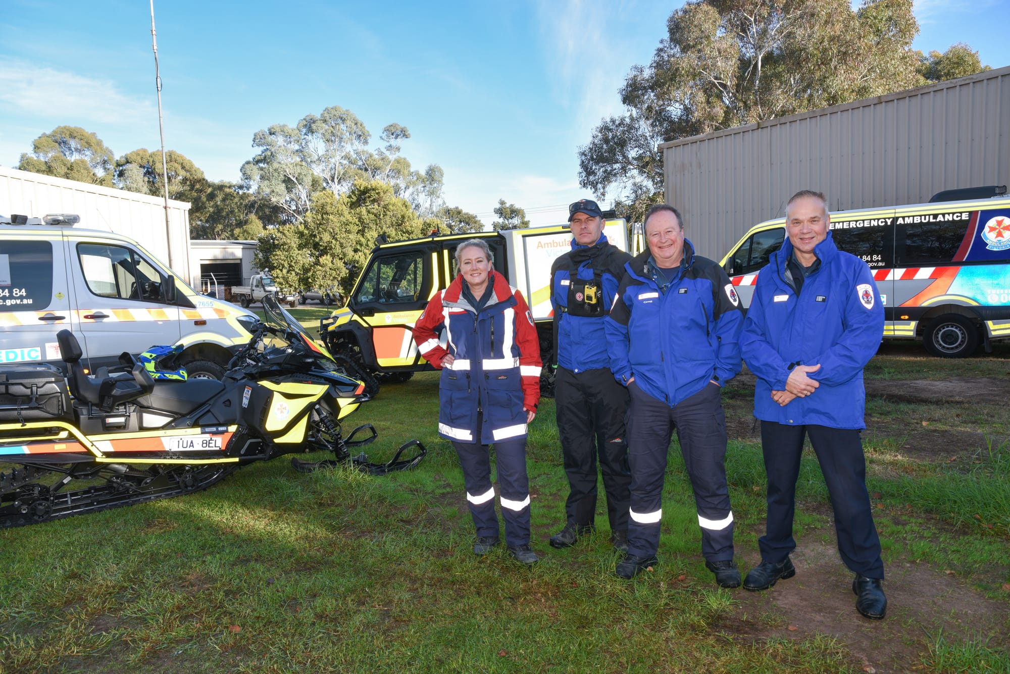 START YOUR ENGINES: The new Ambulance Victoria skidoo and Can-Am vehicles were showcased at Wangaratta by Laura BYe, Jon Hopkins, Greg Margetts and Rob Heaslip.